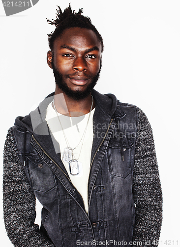 Image of young handsome afro american boy stylish hipster gesturing emotional isolated on white background smiling, people lifestyle concept 