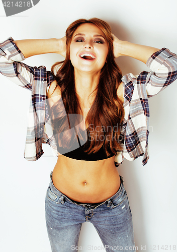 Image of young pretty teenager girl happy smiling emotional posing on white background, lifestyle people concept close up