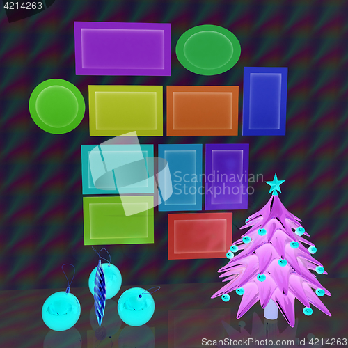 Image of Set of Christmas and New Year frames and Christmas tree. 3D rend
