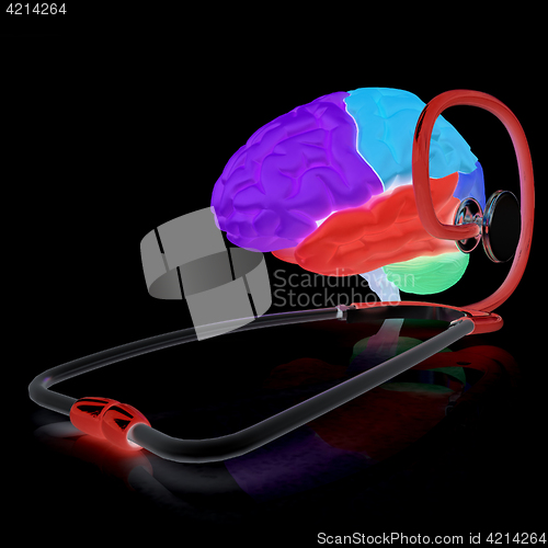 Image of stethoscope and brain. 3d illustration
