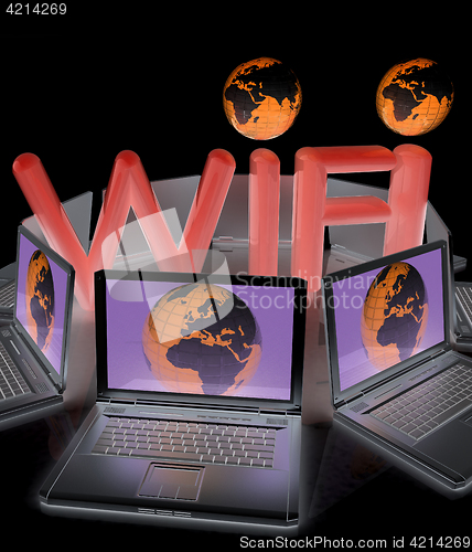 Image of Global concept of  WiFi connectivity between laptops. 3d render