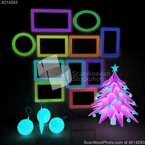 Image of Set of Christmas and New Year frames and Christmas tree. 3D rend