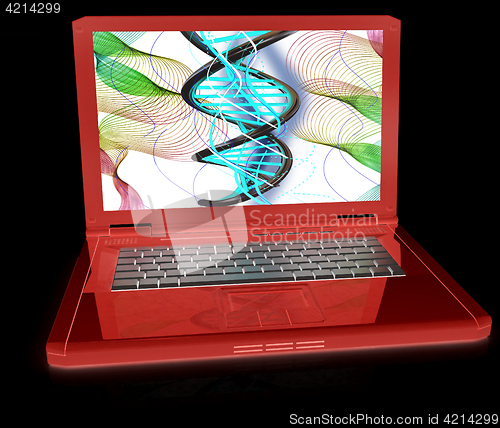 Image of Laptop with dna medical model background on laptop screen. 3d il