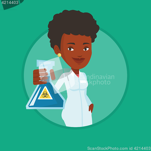 Image of Scientist holding flask with biohazard sign.
