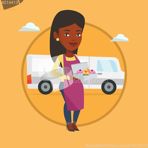 Image of Baker delivering cakes vector illustration.