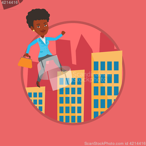 Image of Business woman walking on the roofs of buildings.