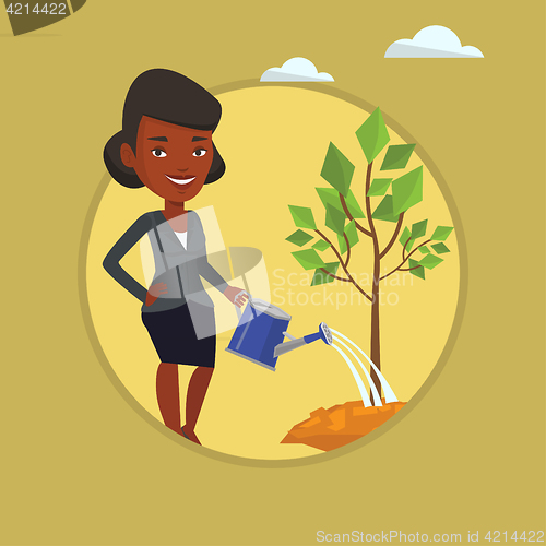 Image of Woman watering tree vector illustration.