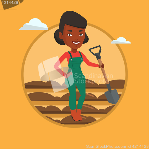 Image of Farmer with shovel at field vector illustration.