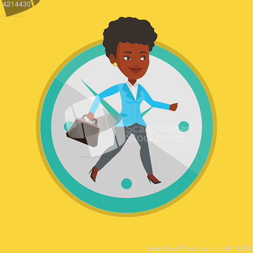Image of Business woman running on clock background.