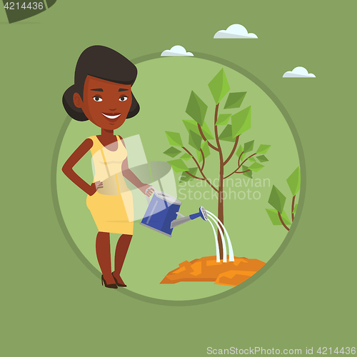 Image of Business woman watering trees vector illustration.