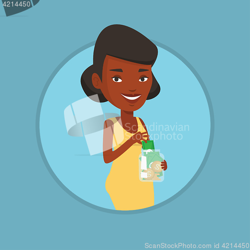 Image of Woman putting dollar money into glass jar.