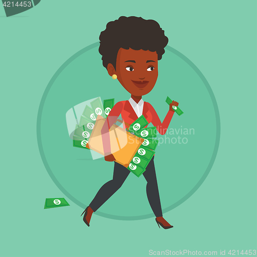 Image of Business woman with briefcase full of money.