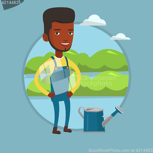 Image of Farmer with watering can at field.