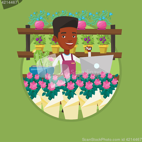 Image of Florist at flower shop vector illustration.