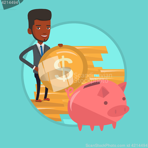 Image of Man putting coin in piggy bank vector illustration