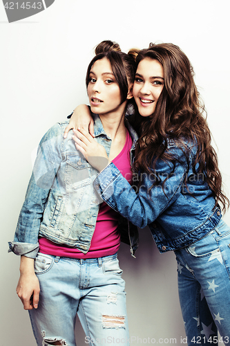 Image of best friends teenage girls together having fun, posing emotional on white background, besties happy smiling, lifestyle people concept 