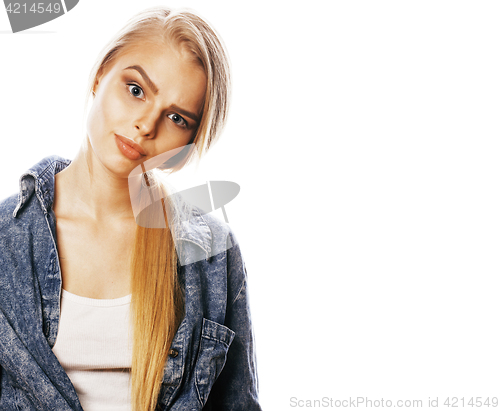 Image of young blond woman on white backgroung gesture thumbs up, isolate