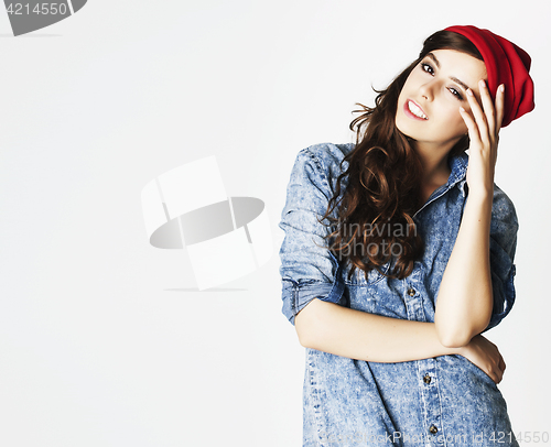 Image of young cheerful brunette teenage girl on white background