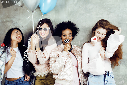 Image of Lifestyle and people concept: young pretty diversity nations woman with different age children celebrating on birth day party together happy smiling, making selfie. African-american, asian and caucasi