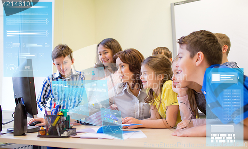 Image of group of kids with teacher and computer at school
