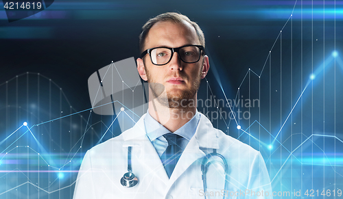 Image of close up of doctor in white coat with stethoscope