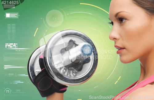 Image of close up of sporty woman with dumbbell