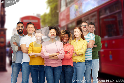 Image of international group of people over london city