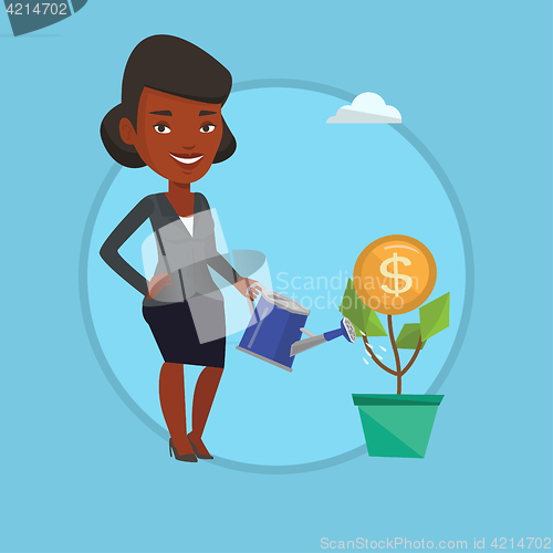 Image of Business woman watering money flower.