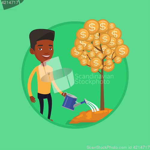 Image of Man watering financial tree vector illustration.