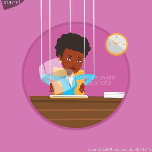 Image of Business woman marionette on ropes working.