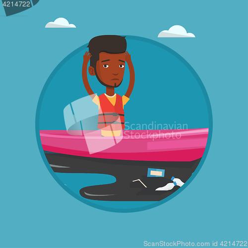 Image of Man floating in a boat in polluted water.