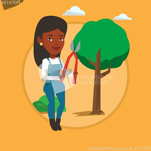 Image of Farmer with pruner in garden vector illustration.