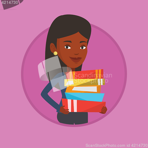 Image of Woman holding pile of books vector illustration.