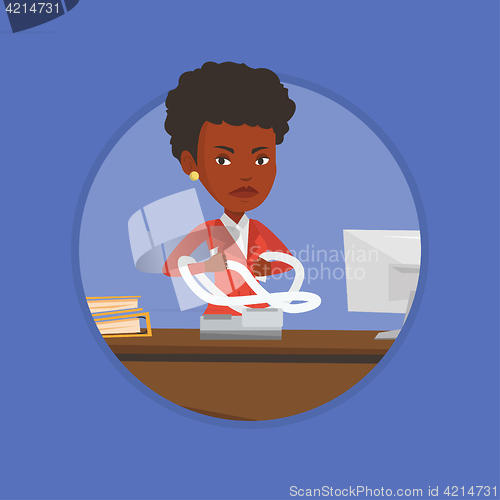 Image of Angry business woman tearing bills or invoices.