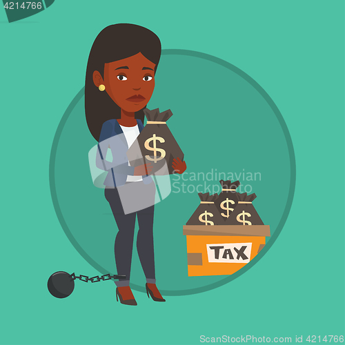 Image of Chained woman with bags full of taxes.