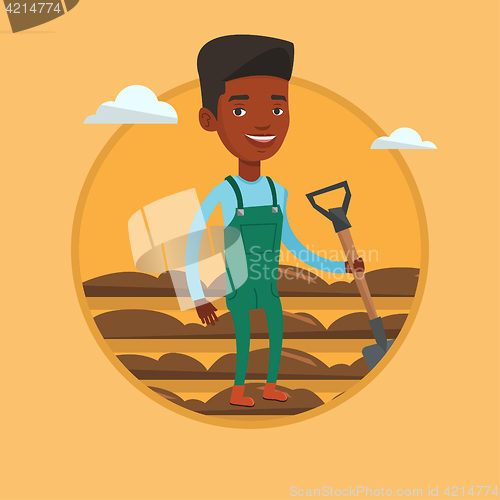 Image of Farmer with shovel at field vector illustration.