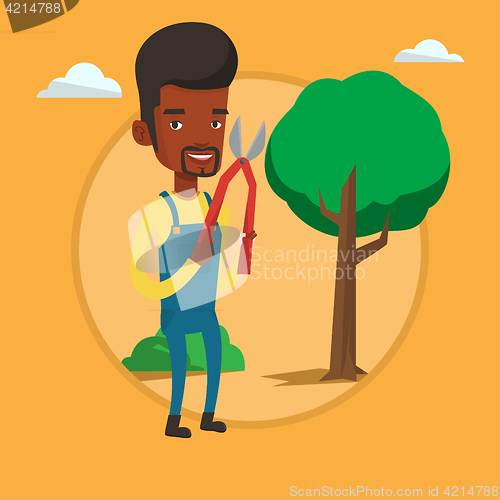 Image of Farmer with pruner in garden vector illustration.