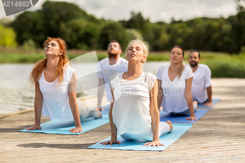 Image of group of people making yoga exercises outdoors