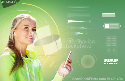 Image of woman with earphones and smartphone doing sports