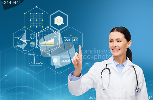 Image of doctor pointing finger to virtual chart over blue