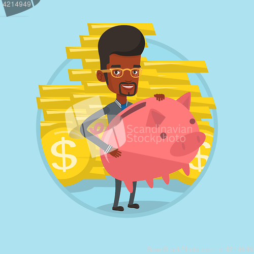 Image of Businessman carrying big piggy bank.