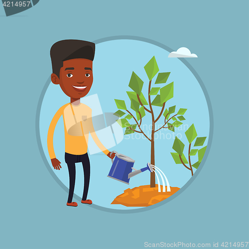 Image of Businessman watering trees vector illustration.