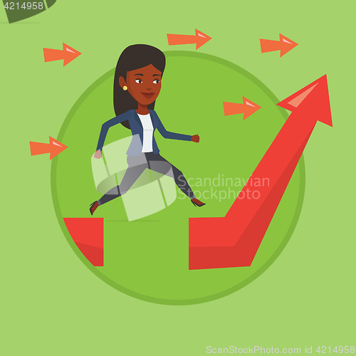 Image of Business woman jumping over gap on arrow going up.