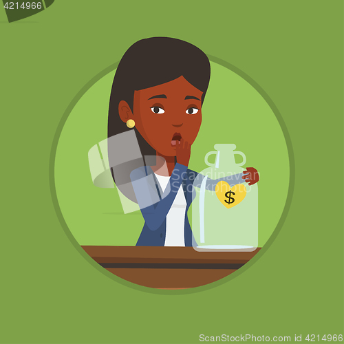 Image of Bankrupt woman looking at empty money box