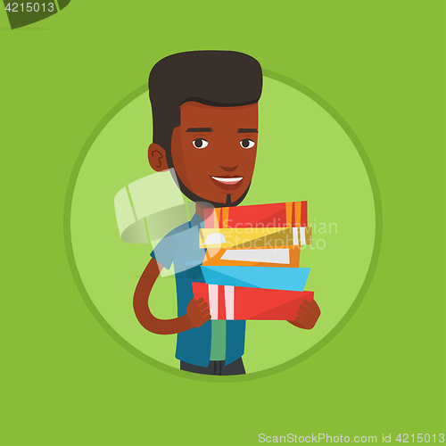 Image of Man holding pile of books vector illustration.