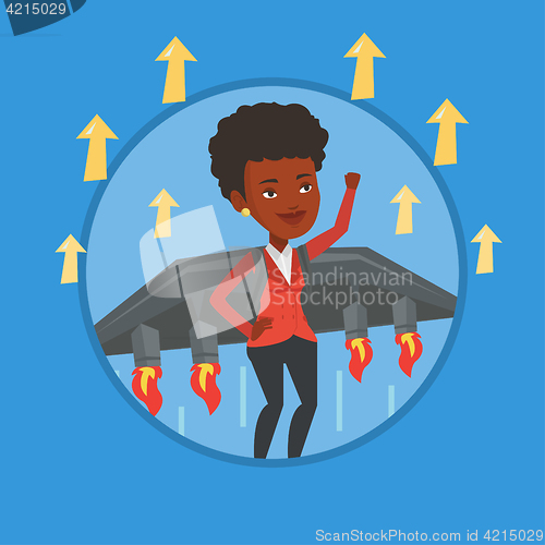 Image of Business woman flying on the rocket to success.