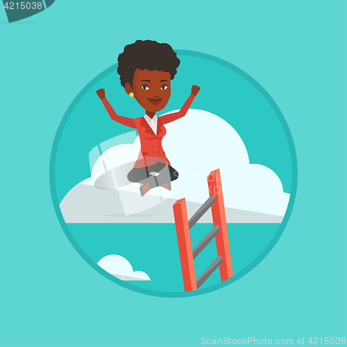 Image of Happy business woman sitting on the cloud.