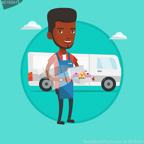 Image of Baker delivering cakes vector illustration.