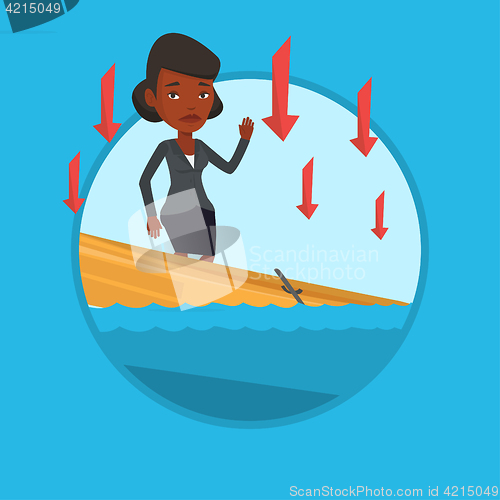 Image of Business woman standing in sinking boat.