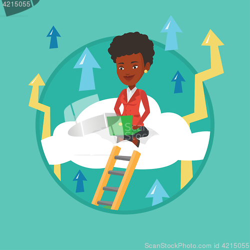 Image of Business woman sitting on cloud with laptop.